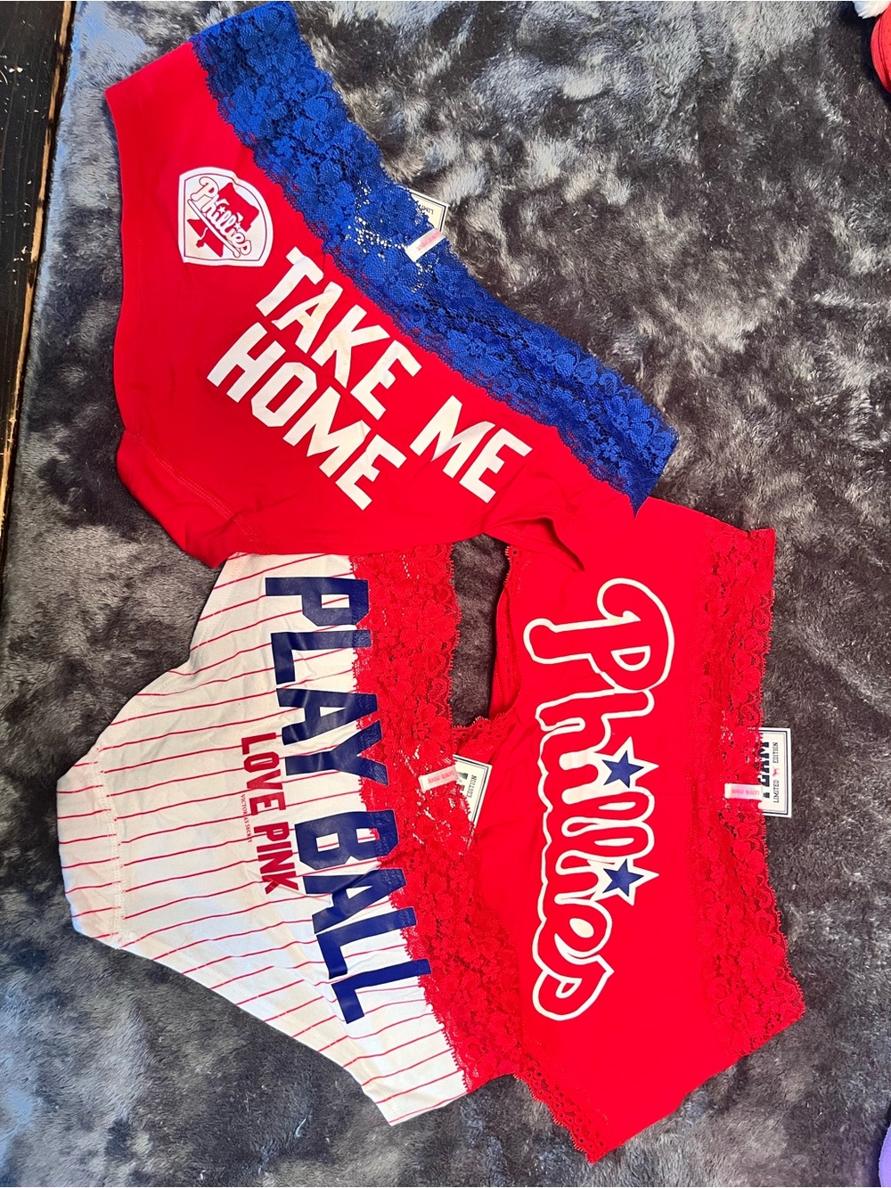NWT PINK VS Philadelphia Phillies Lace Trim Panty Trio - Red & Blue